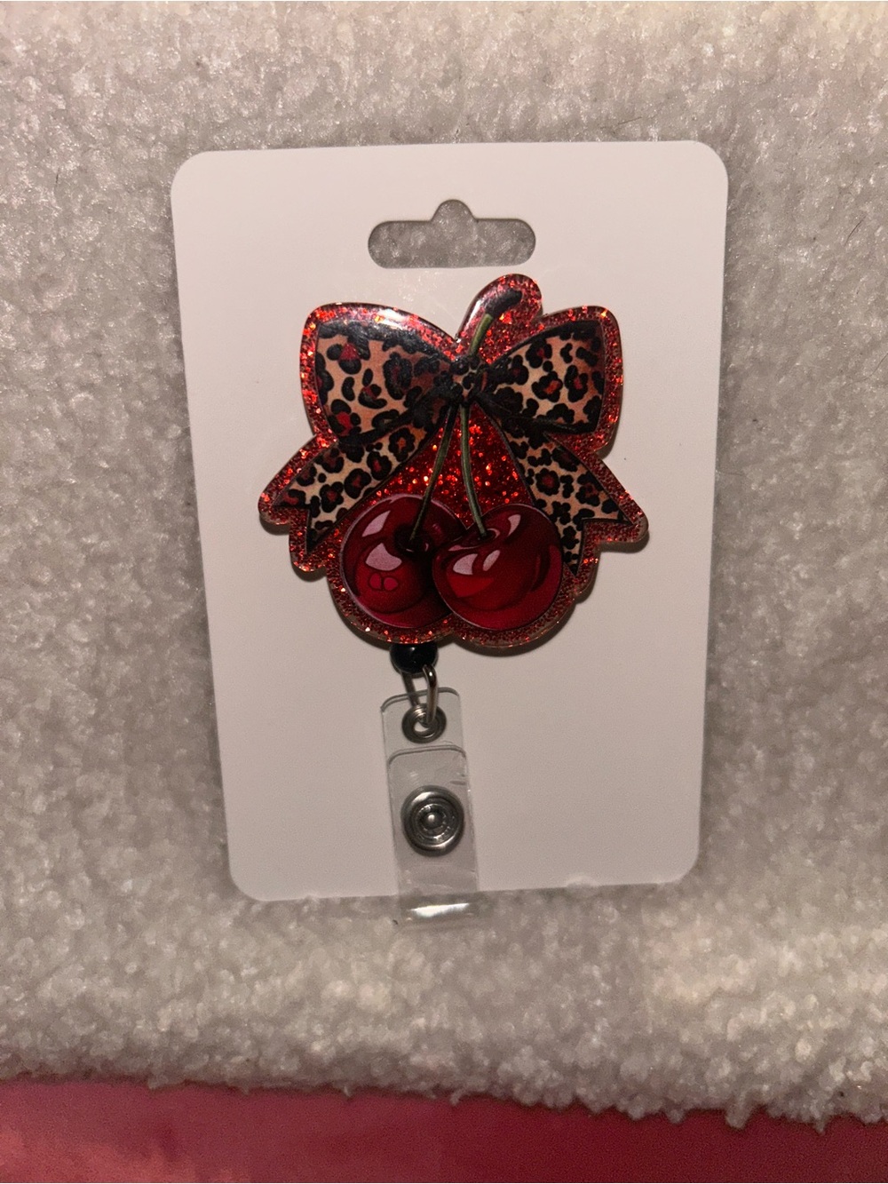 Red Cherry Badge Reel with Leopard Bow - Retractable Card Holder